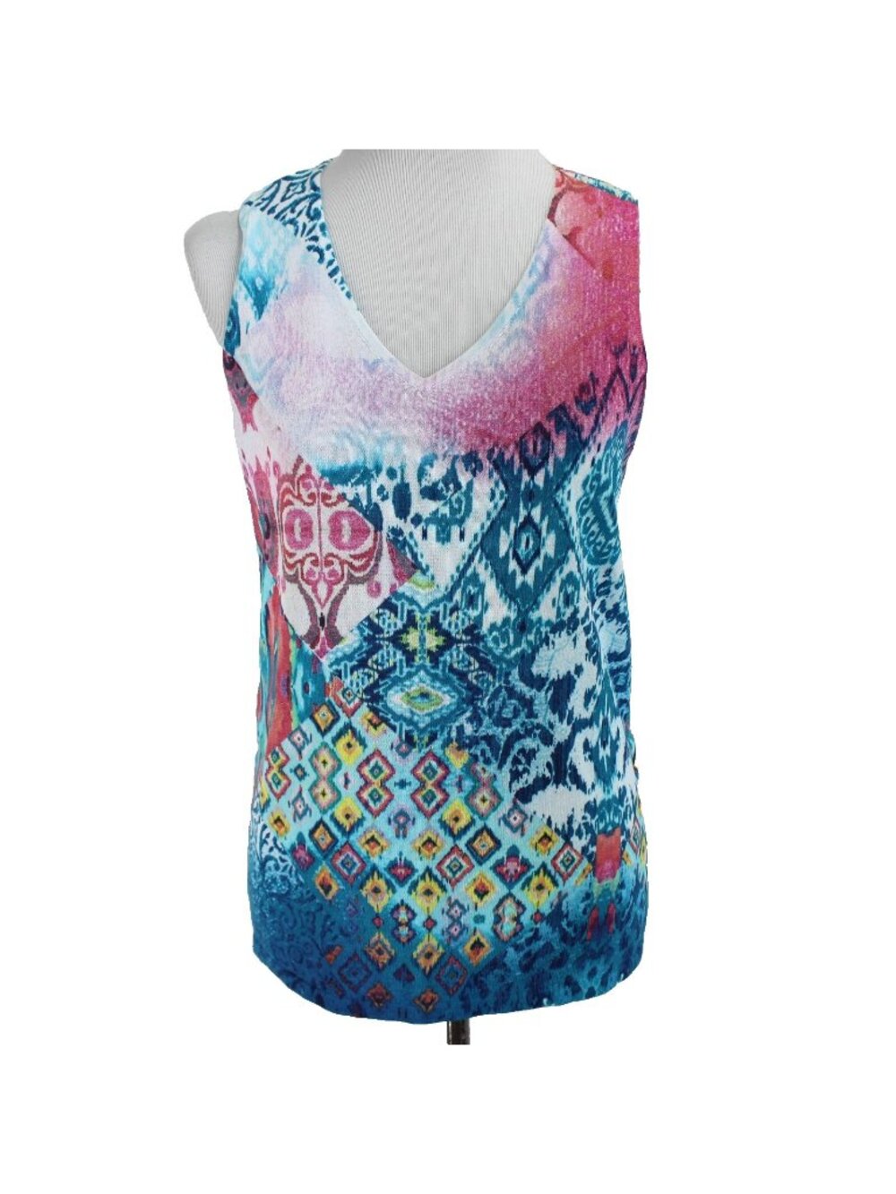 Chicos Sweater Knit Tank Top Size 1 M Blue Pink White Print V Neck Womens